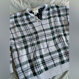Eddie Bauer Vintage Plaid Henley Knit Sweater - Green and Gray